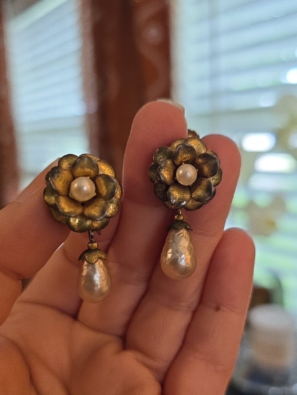 Vintage Signed Miriam Haskell Gold-Tone Floral Baroque Pearl Drop Earrings